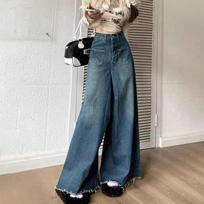 High-Waisted Wide-Legged Trousers Female New Burlap Design Versatile Thin Skirt Jeans