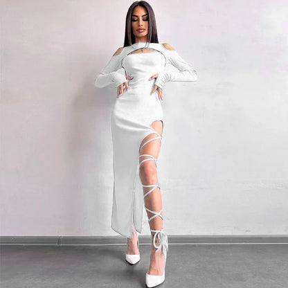 Ribbed Hollow Long Sleeve Off Shoulder Tie Up Midi Dress