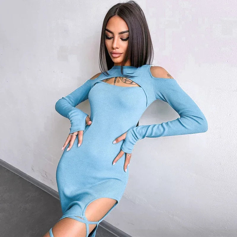 Ribbed Hollow Long Sleeve Off Shoulder Tie Up Midi Dress