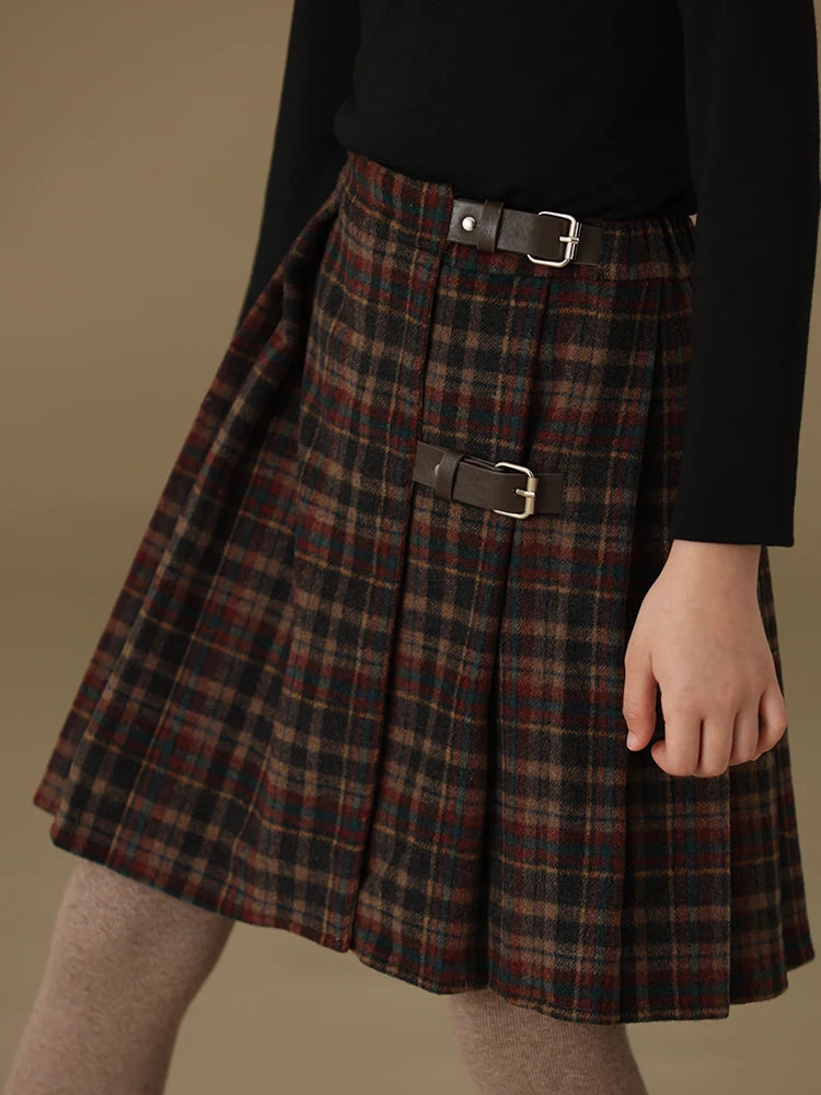 Children's Retro Plaid Wool Casual Thick Pleated Autumn Winter School Skirt