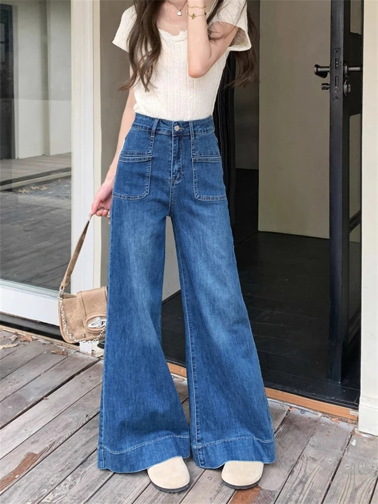 Women's Vintage Style Micro Flared Street Girl Bottoms Loose High Waisted Pant Female Fashion Blue Denim Wide Leg Jeans