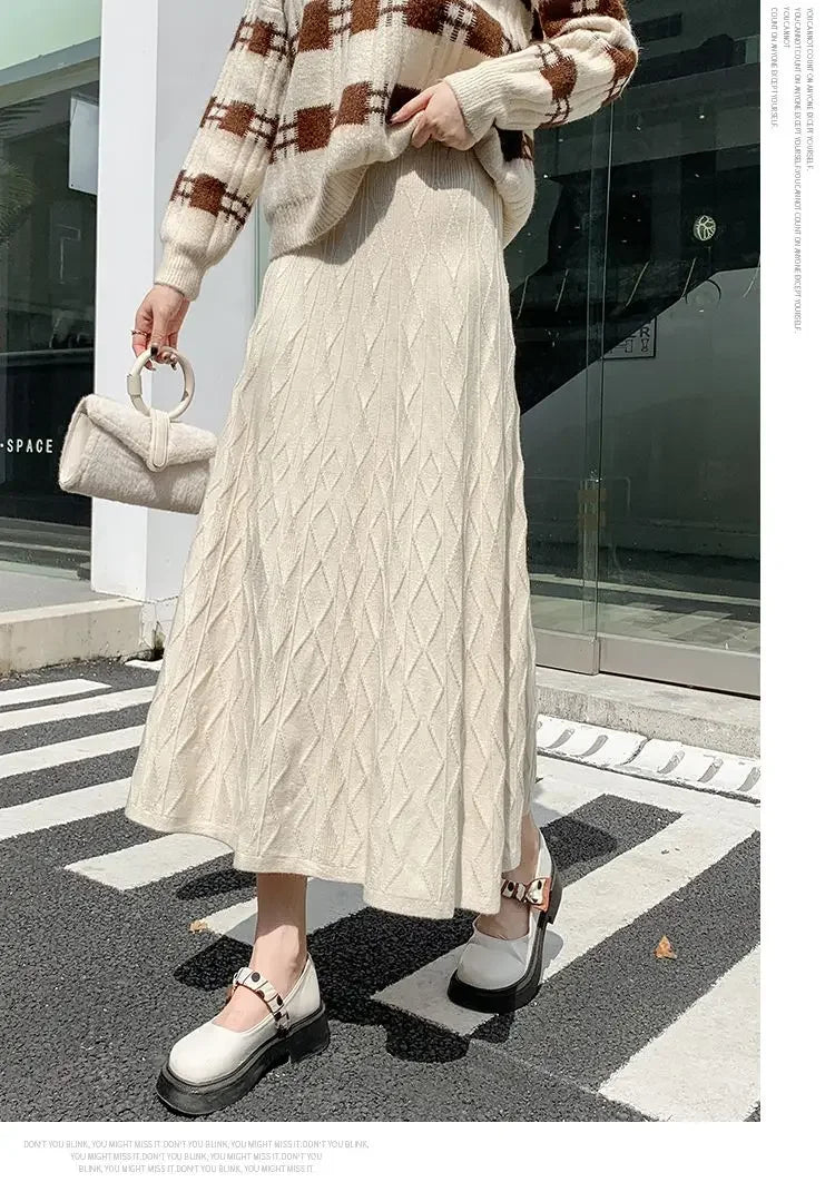 Drooping Elegant A-line High Waist Slim Woolen Chic Comfortable Trendy Long Skirt