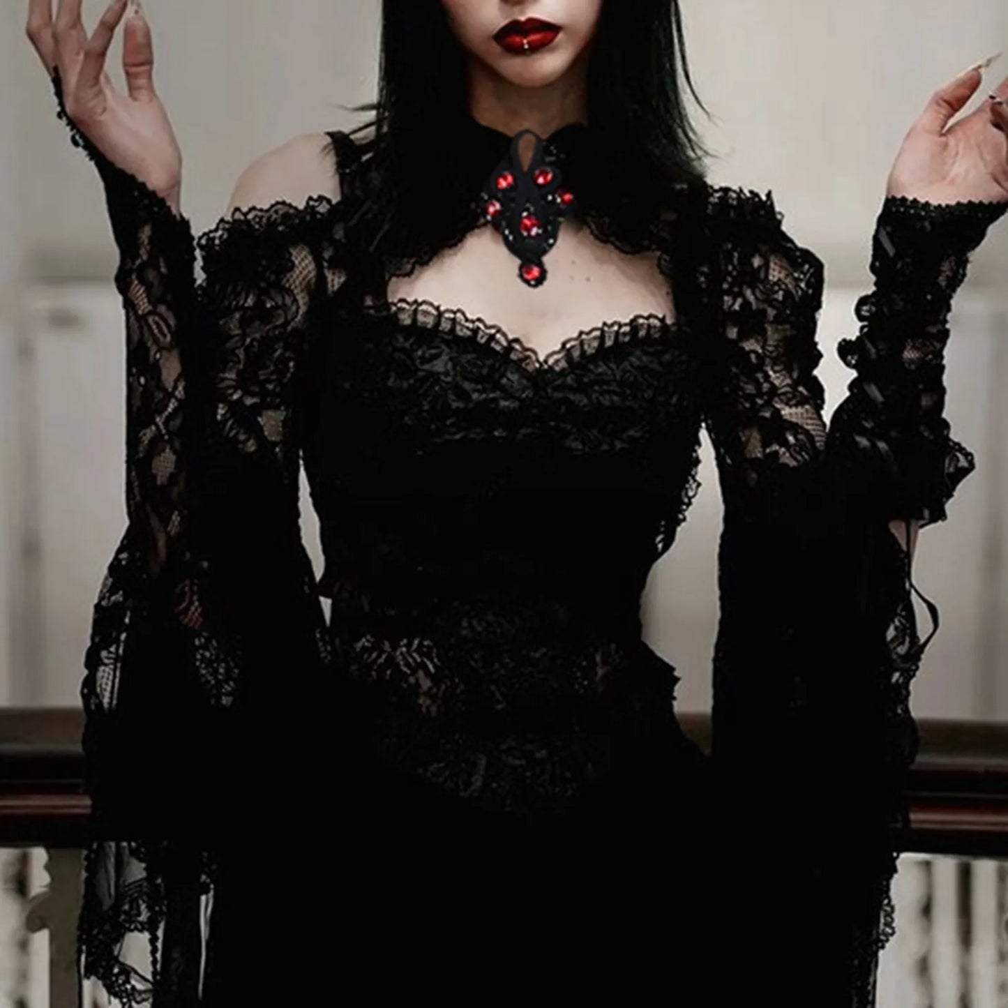 Trumpet Sleeve Black Lace Sexy Gothic Shawl Party Halloween Cardigan