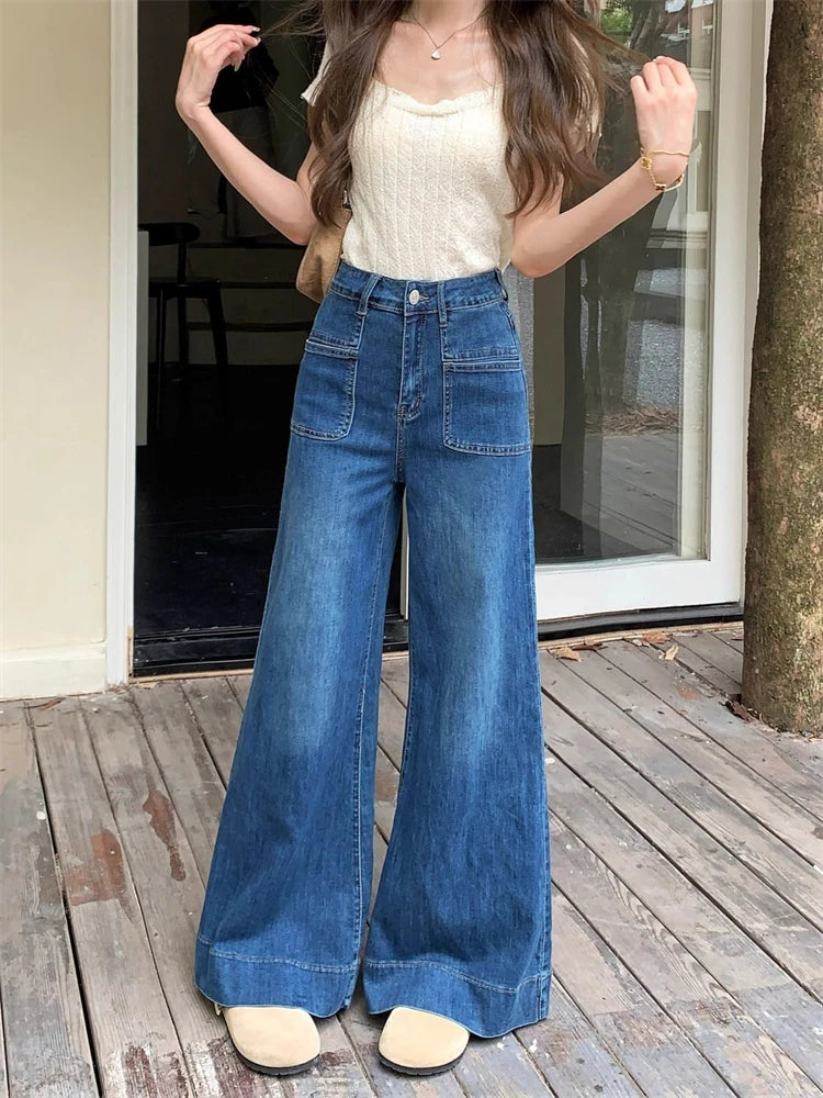 Women's Vintage Style Micro Flared Street Girl Bottoms Loose High Waisted Pant Female Fashion Blue Denim Wide Leg Jeans