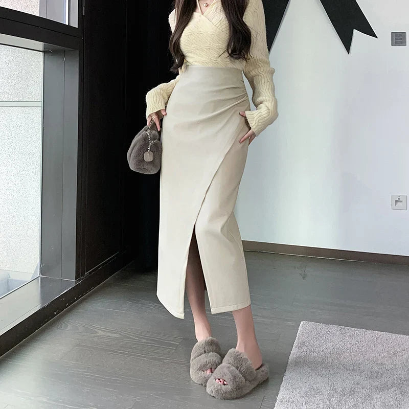 Autumn Front Split Long 2024 New High Waist Classic Office Pleated A-Line Skirt