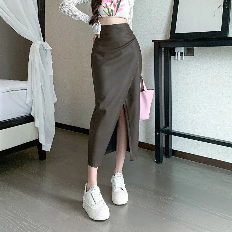 Autumn Front Split Long 2024 New High Waist Classic Office Pleated A-Line Skirt