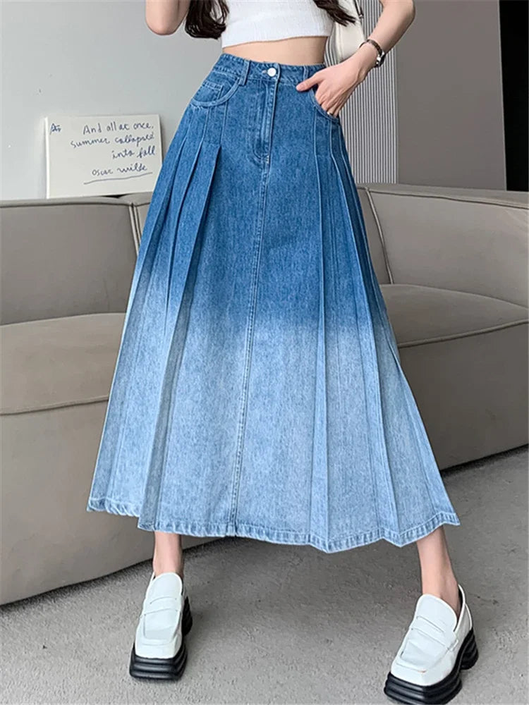 High Gradient Pleated Women's Denim Long For Spring Summer Casual Blue Jeans Pockets New Skirt