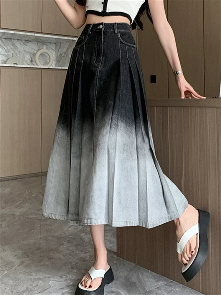 High Gradient Pleated Women's Denim Long For Spring Summer Casual Blue Jeans Pockets New Skirt