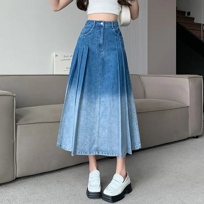 High Gradient Pleated Women's Denim Long For Spring Summer Casual Blue Jeans Pockets New Skirt