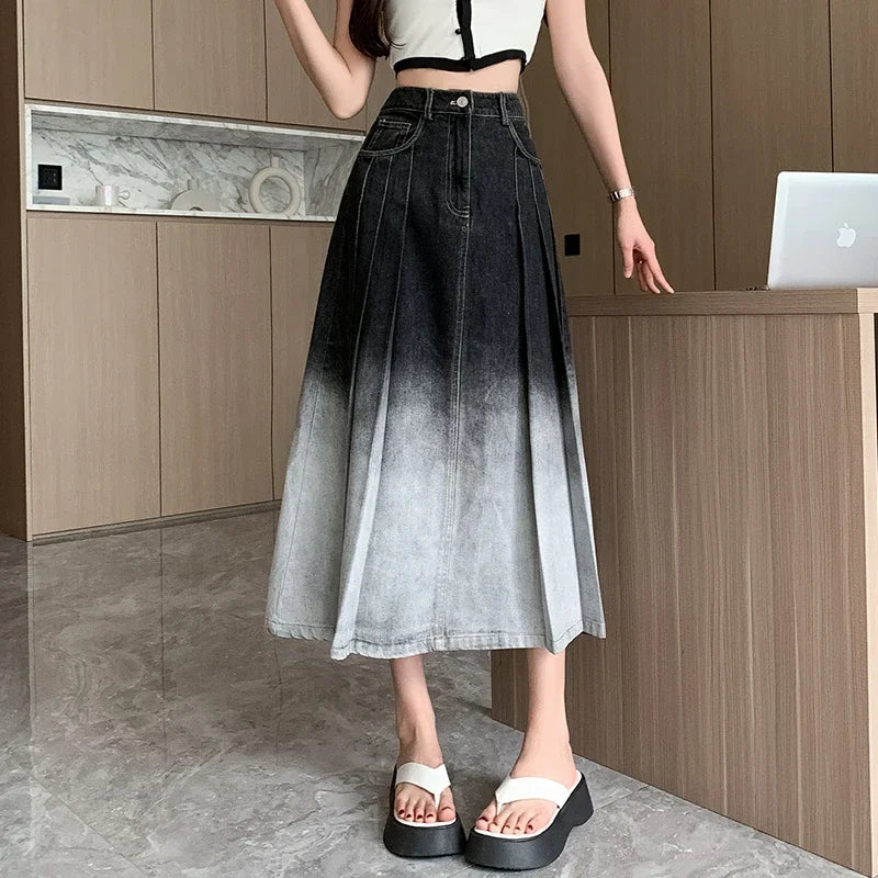 High Gradient Pleated Women's Denim Long For Spring Summer Casual Blue Jeans Pockets New Skirt