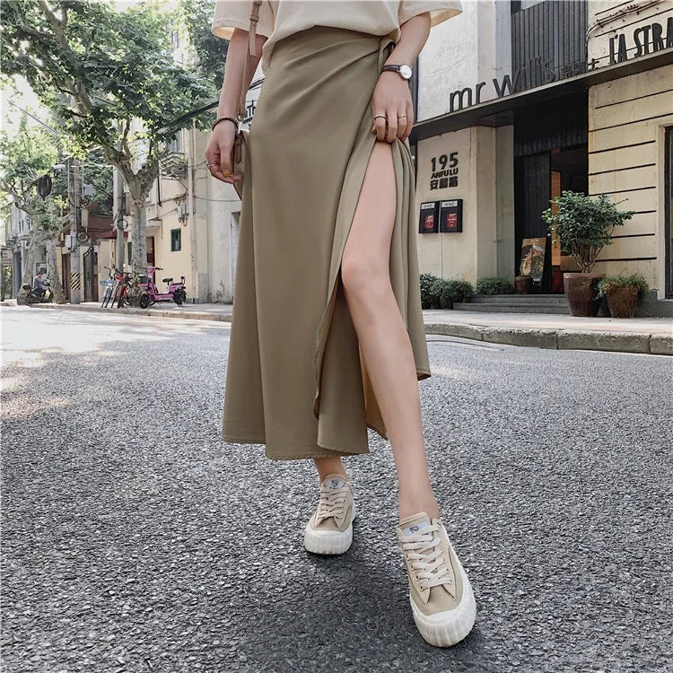 New Stain Women A-Line Long Side Split High Waist Fashionable Umbrella Beach Female Skirt