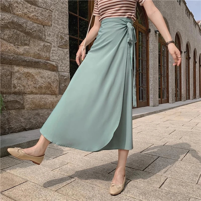 New Stain Women A-Line Long Side Split High Waist Fashionable Umbrella Beach Female Skirt