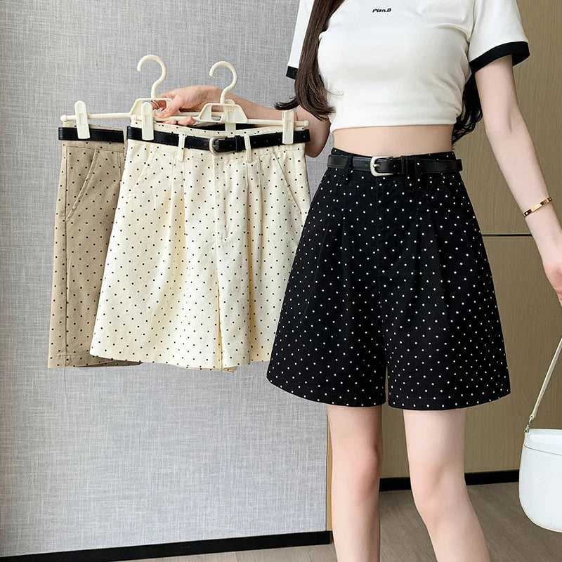 2024 Spring Dots Printed High Waist Loose Wide Leg Pleated Workwear Shorts