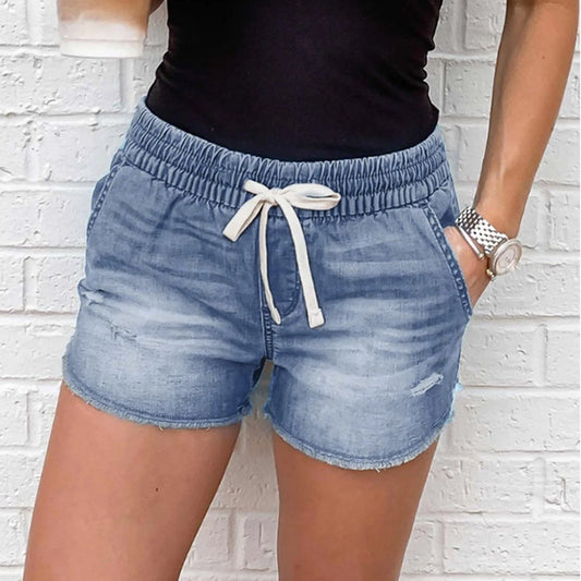 Denim For Women Fashion Elastic Waist Tie Ripped Skinny Slim Jeans High Waist Sexy Short