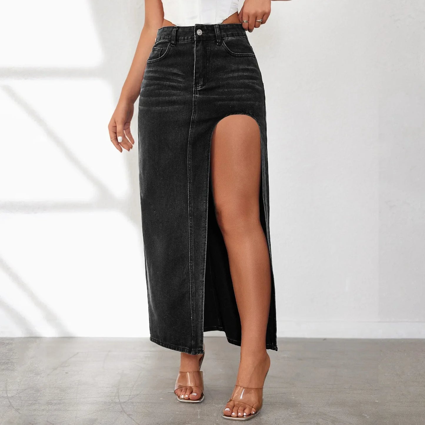 High Split Denim Solid High Waist Bodycon Style Jean Midi Summer Sexy Skirt