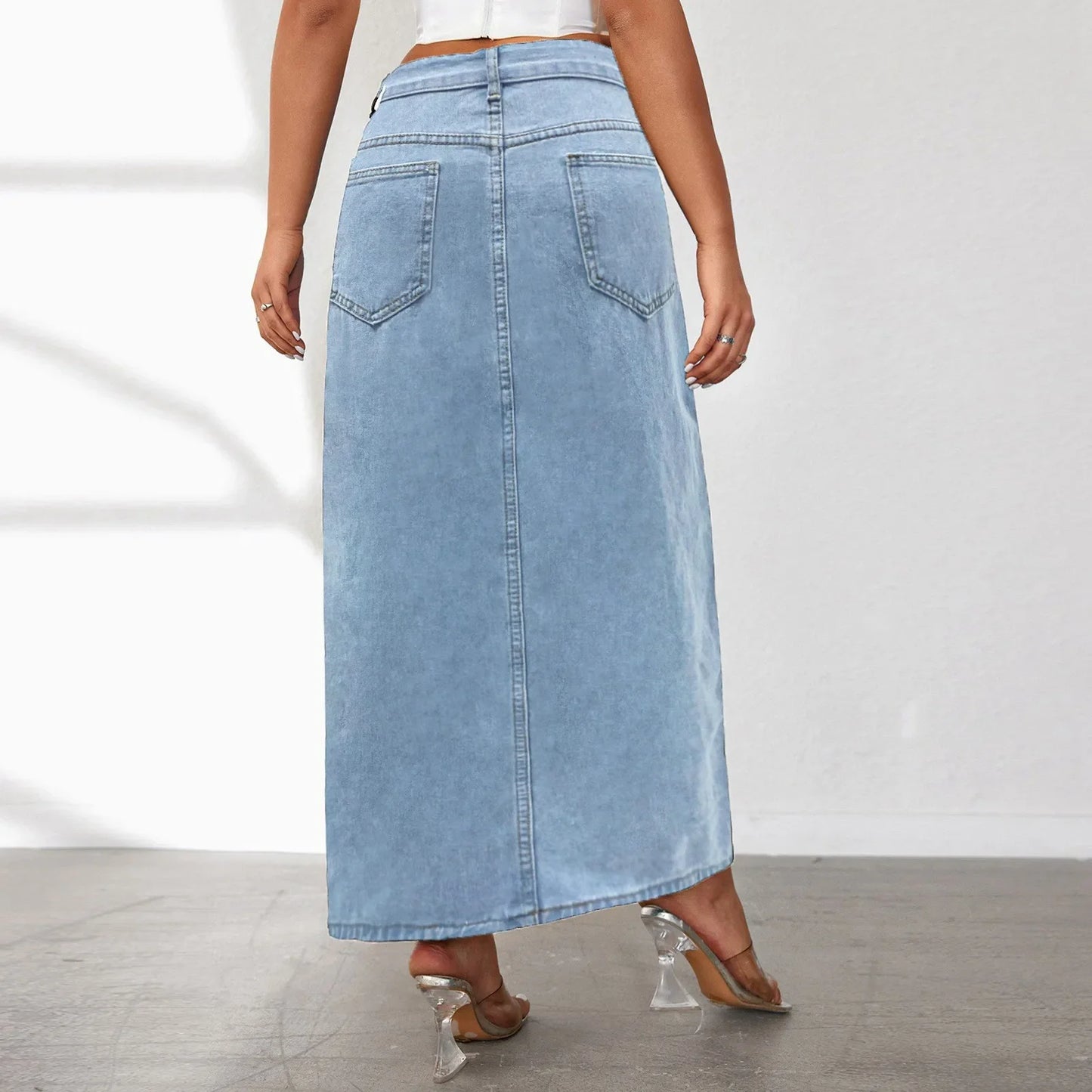 High Split Denim Solid High Waist Bodycon Style Jean Midi Summer Sexy Skirt