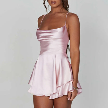 Nightclub Party Fashion Sleeveless Satin Slip New Cross Tie Up Backless Mini Sexy Dress