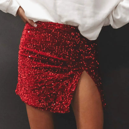 Sequins Night Club Mini Fashion Red Shiny Birthday Party Outfits Female Sparkling Front Slit Sexy Skirt