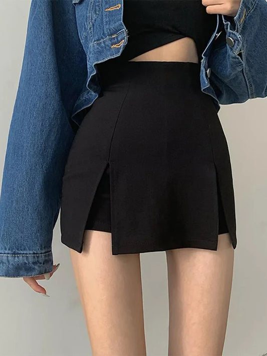 Black Mini A-line Skirt for Office Ladies - Sexy Split Skirt for Summer