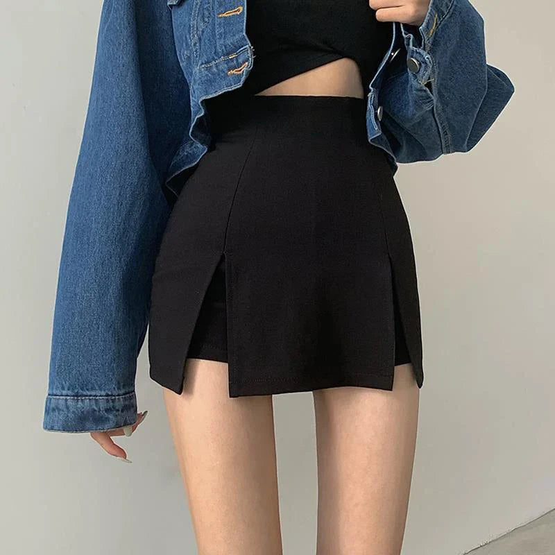 Black Mini A-line Skirt for Office Ladies - Sexy Split Skirt for Summer