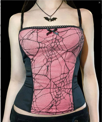 Sexy Spider Web Lace Patchwork Gothic Punk Sleeveless Slim Square Collar Trendy Stylish Crop Top