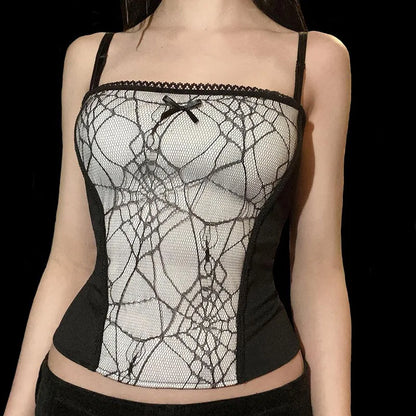 Sexy Spider Web Lace Patchwork Gothic Punk Sleeveless Slim Square Collar Trendy Stylish Crop Top