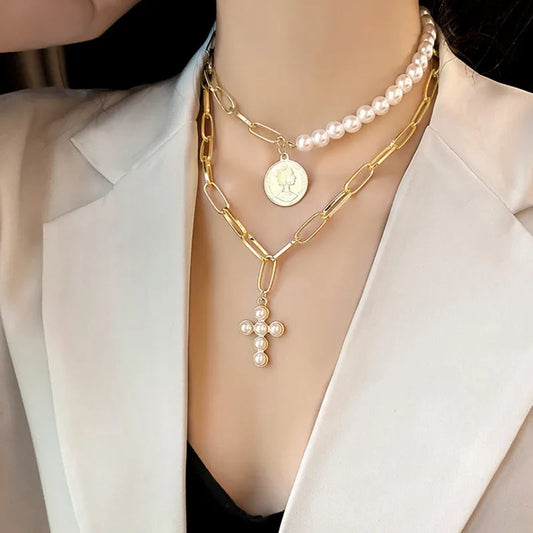 Pearl Cross Coins Statement Collar Femme Jewelry Simulated Necklace