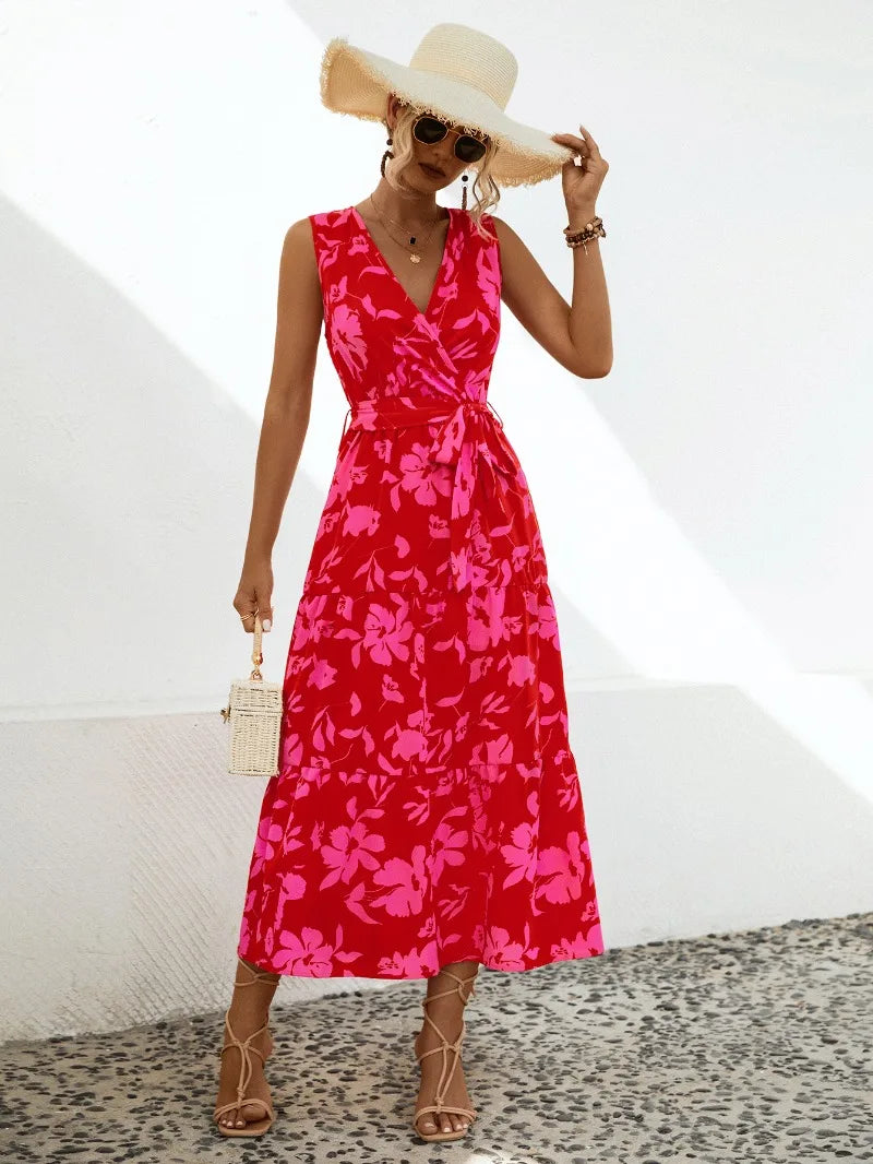 Elegant Floral V-neck Sleeveless Lace-up High Waist A-line Midi Dress