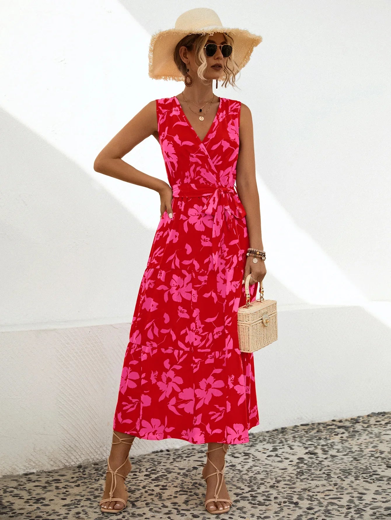 Elegant Floral V-neck Sleeveless Lace-up High Waist A-line Midi Dress