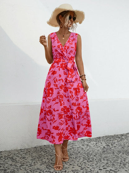 Elegant Floral V-neck Sleeveless Lace-up High Waist A-line Midi Dress