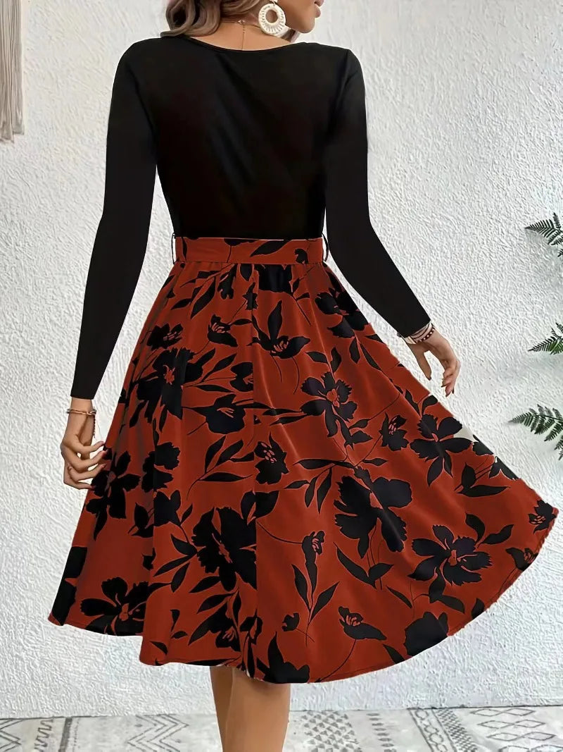 Floral Print High Waisted A-line Midi Dress with Elastic Waistband