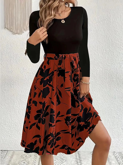 Floral Print High Waisted A-line Midi Dress with Elastic Waistband