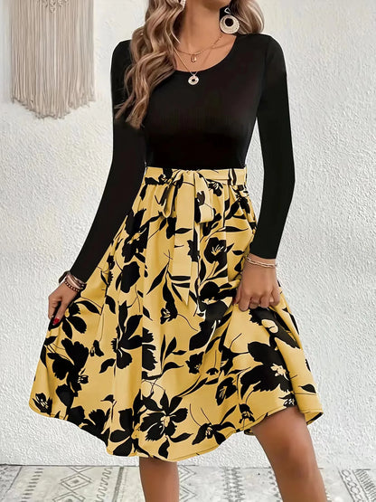 Floral Print High Waisted A-line Midi Dress with Elastic Waistband