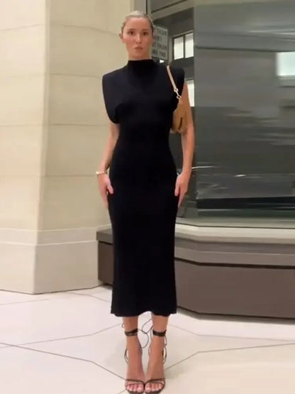 Chic Elegant High Waisted Sexy Rear Split Midi Dress for Office Lady Commuting