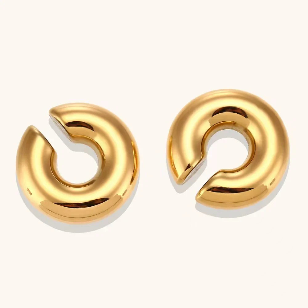 Steel Oversize Chunky Round Circle Clip Gold Plated C Shape Ear Cuff Stud Tube Thick Earclips Stainless Earring