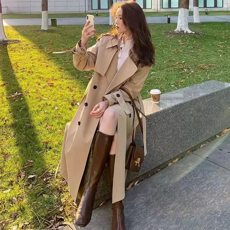 Streetwear Loose Midi Length Fashion Korean Elegant Khaki Black Windbreaker Casual Double Breasted Stylish Coat