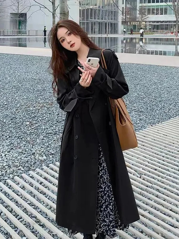 Streetwear Loose Midi Length Fashion Korean Elegant Khaki Black Windbreaker Casual Double Breasted Stylish Coat