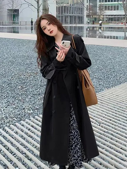 Streetwear Loose Midi Length Fashion Korean Elegant Khaki Black Windbreaker Casual Double Breasted Stylish Coat