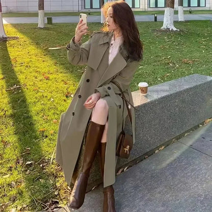 Streetwear Loose Midi Length Fashion Korean Elegant Khaki Black Windbreaker Casual Double Breasted Stylish Coat