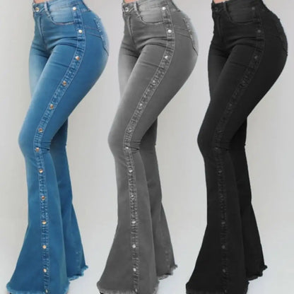 Stylish Flare Control Tummy Skin-Touch Skinny Flare Women Wide Leg Flare Denim Trousers Jeans