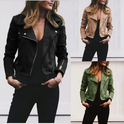 Suede Leather Cropped Autumn Winter Turn-down Collar Slim Fit Casual Fashion Jacket