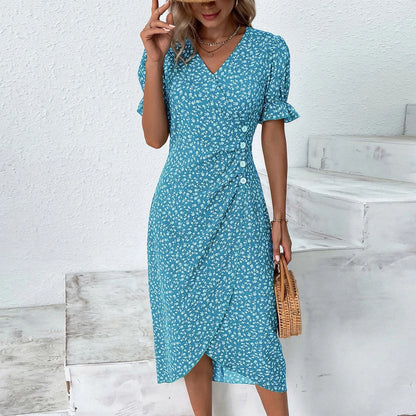 Floral Print Boho Ruffles Sleeve Wrap V-neck Split Party Midi Dress