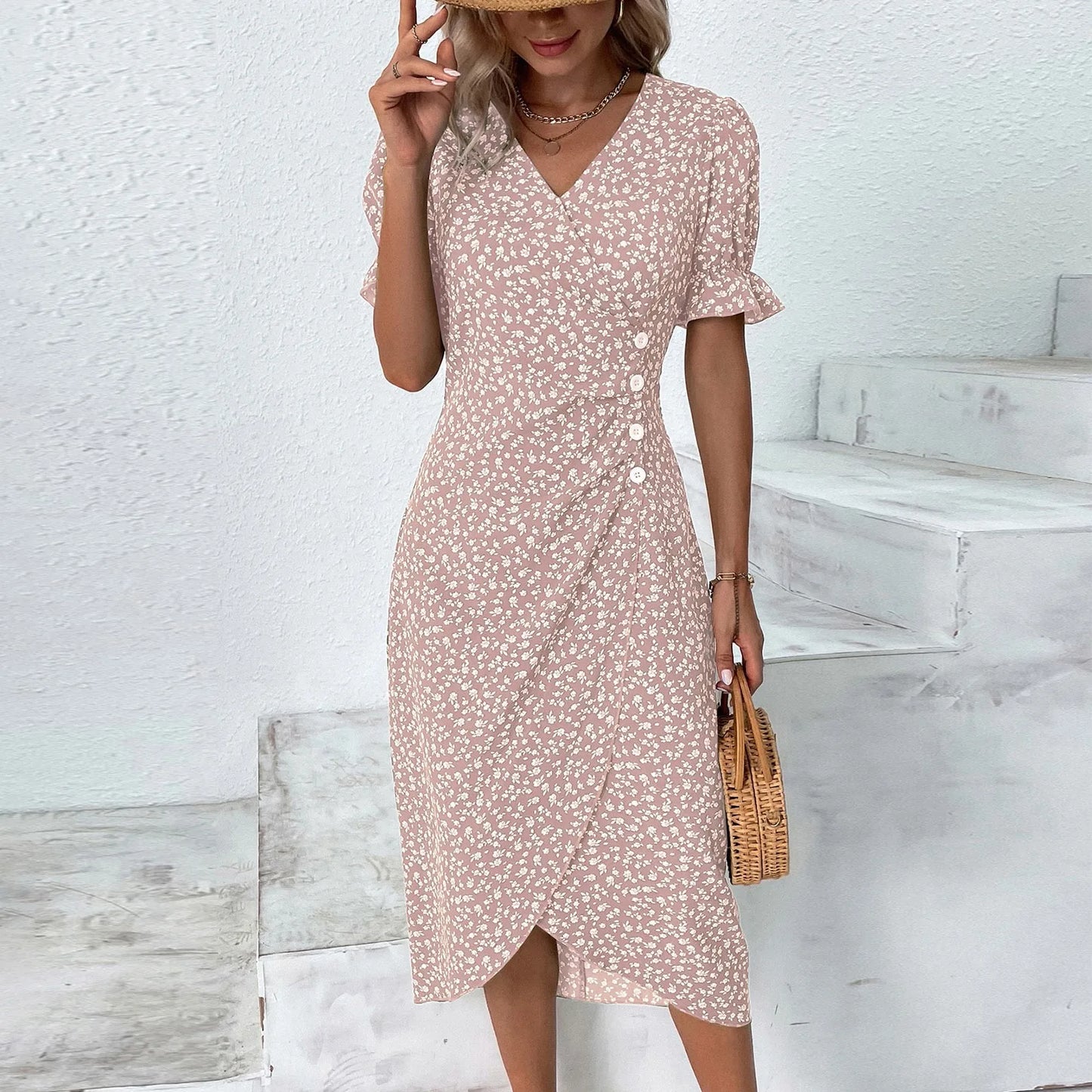 Floral Print Boho Ruffles Sleeve Wrap V-neck Split Party Midi Dress