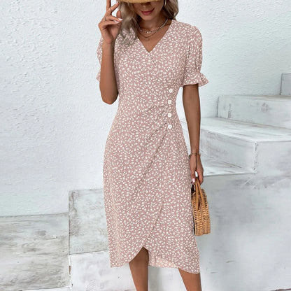 Floral Print Boho Ruffles Sleeve Wrap V-neck Split Party Midi Dress