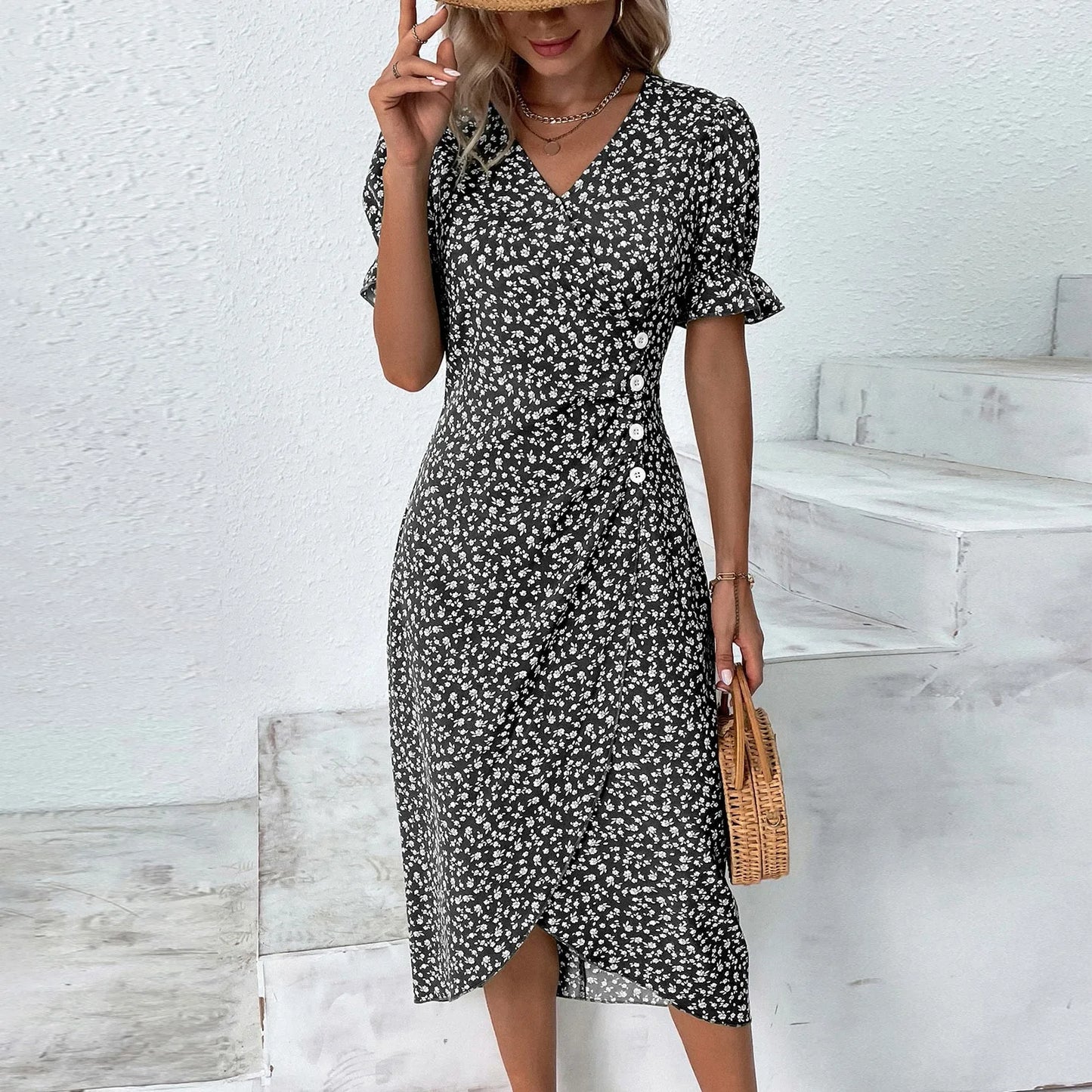 Floral Print Boho Ruffles Sleeve Wrap V-neck Split Party Midi Dress