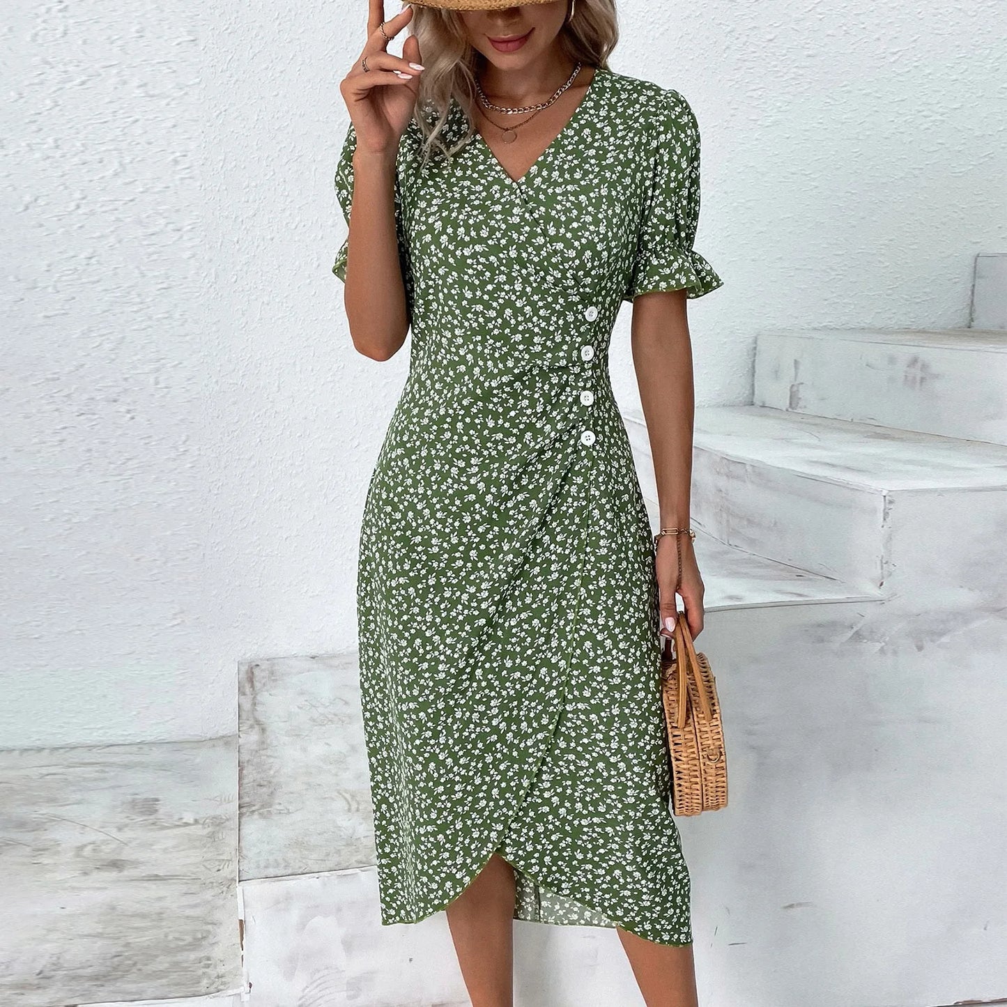 Floral Print Boho Ruffles Sleeve Wrap V-neck Split Party Midi Dress