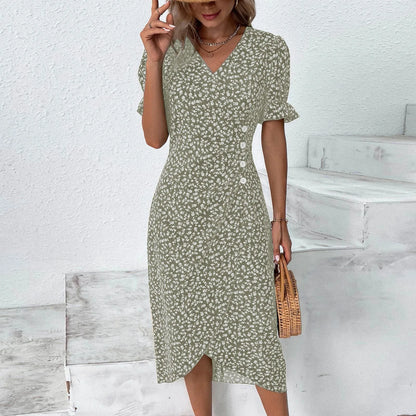 Floral Print Boho Ruffles Sleeve Wrap V-neck Split Party Midi Dress