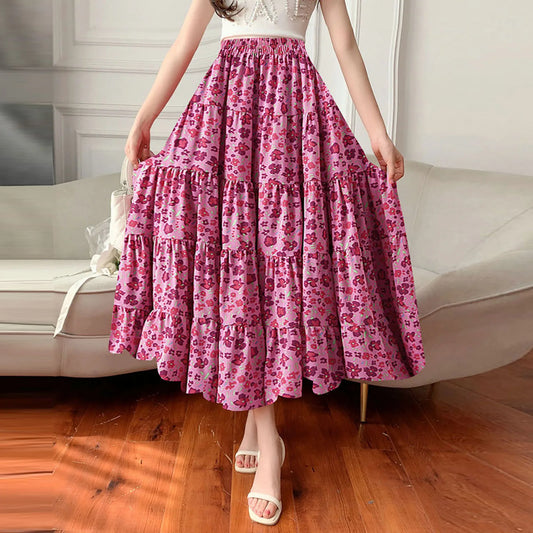 Boho Floral Print Maxi Skirt Vintage Elegant A Line High Waist Ruffles Long Summer Skirt