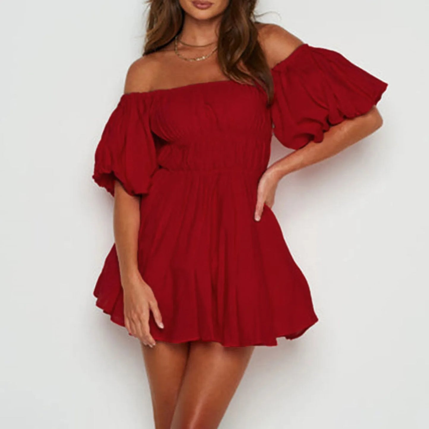 Off Shoulder Summer Chiffon With Waist Ruffle Sleeves Sweetheart Neckline Fall Casual Mini Chic Dress