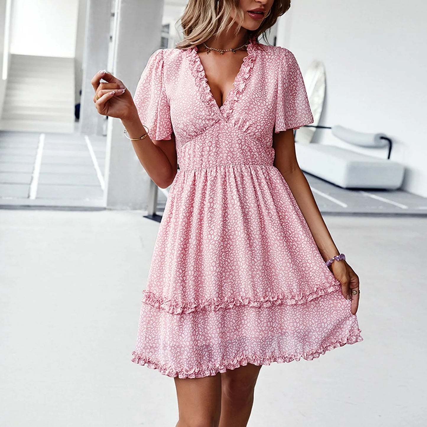 Floral Ruffle V Neck Beach Holiday Sundress A Line Sexy Chiffon Mini Summer Dress